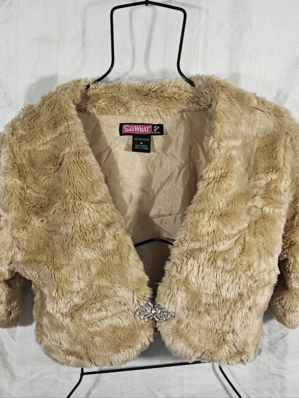 Say What? Tan Beige Faux Fur Cropped Jacket with Rhinestone Clasp #241
